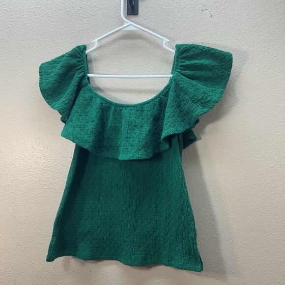 Anthropologie Kelly Green Textured Ruffle Off The Shoulder Top SZ XS Preppy Boho - Picture 2 of 7